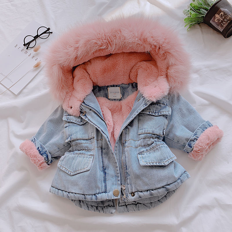Girls’ Thickened Cotton-Padded Denim Jacket – Warm Fleece-Lined Winter Coat for Toddlers & Kids - RAC25JP3302BATOW