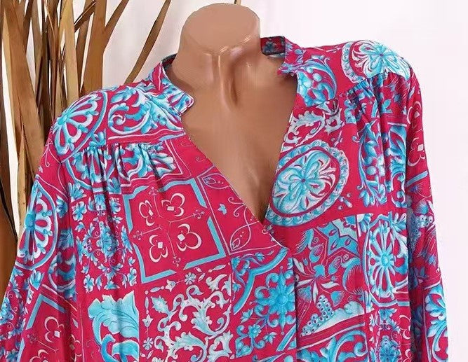 Summer New Casual Printed V-Neck Long Sleeve Shirt Top for Women