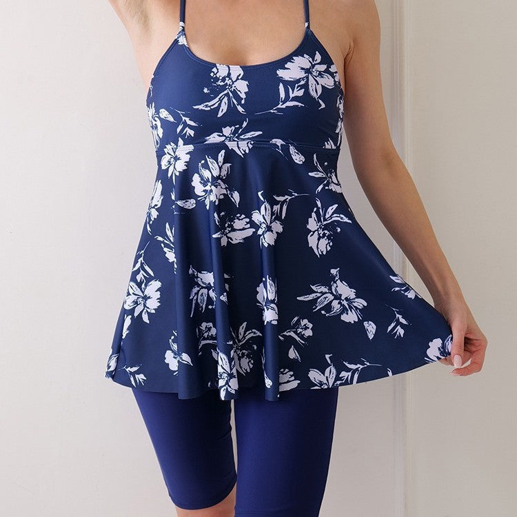 New Digital Print Tankini Slim Strap Skirt Split Swimsuit Set