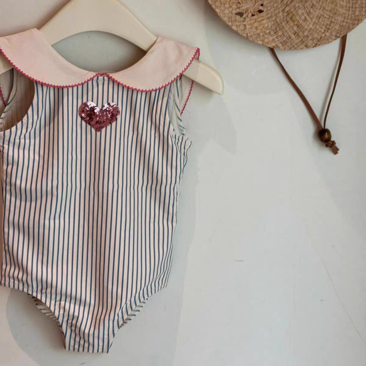 Summer Baby Girls’ Striped Heart Doll Collar One-Piece Swimwear Set - RAC26JP5463BATSW