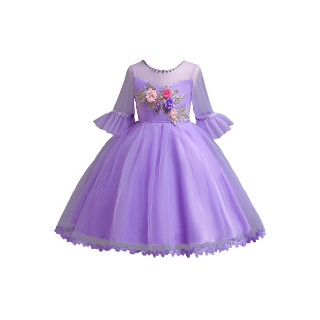 kids Girls Trumpet Sleeve Round Neck Pleated Dress