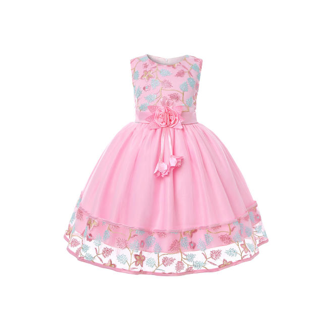 Kids Girls Embroidered Flower Waist Mesh Dress