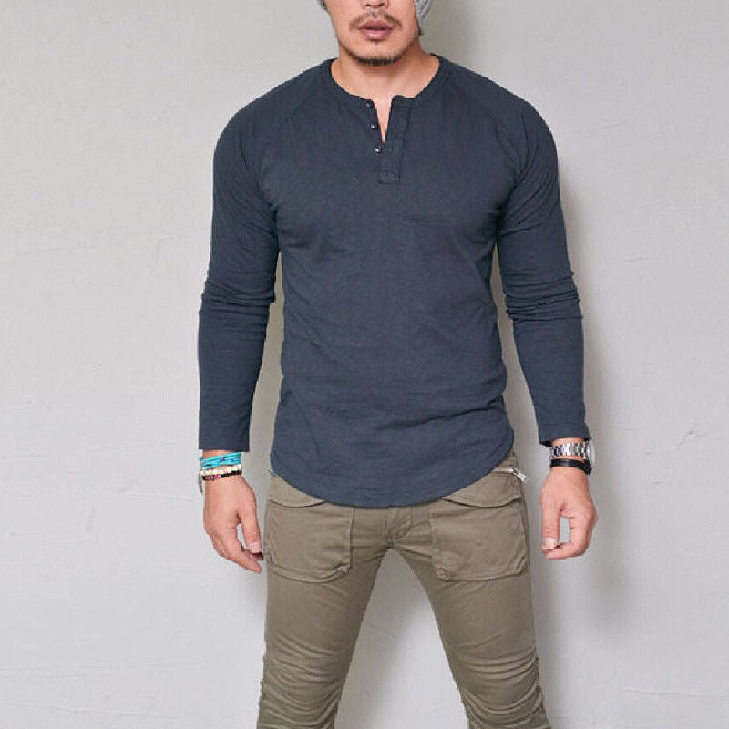 Men Button Neck Long Sleeve Casual T Shirt