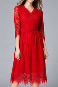 Women Charming & Beautiful Lace Solid Pattern V-Neck Knee Lenght Dress