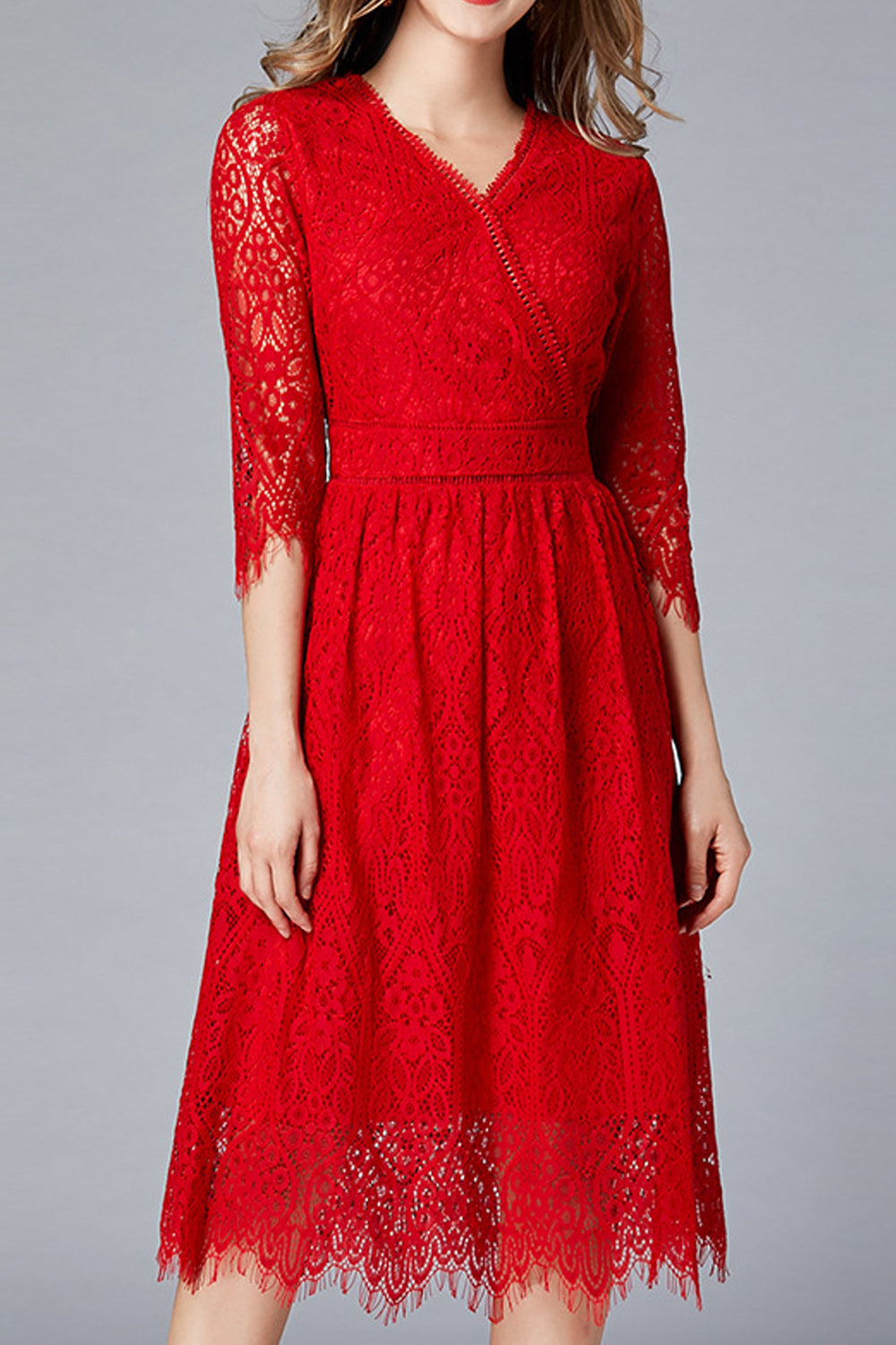 Women Charming & Beautiful Lace Solid Pattern V-Neck Knee Lenght Dress