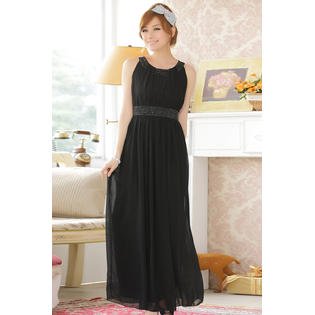 Women Sleeveless Chiffon Bead Decorated Prom Night Dress Black