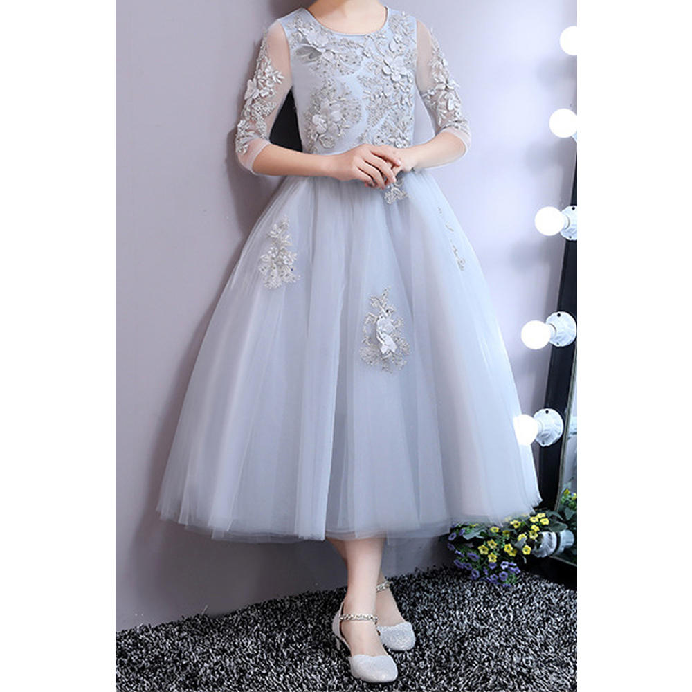 Kids Girls Round Neck Fluffy Skirt Embroidered Style Beautiful Dress