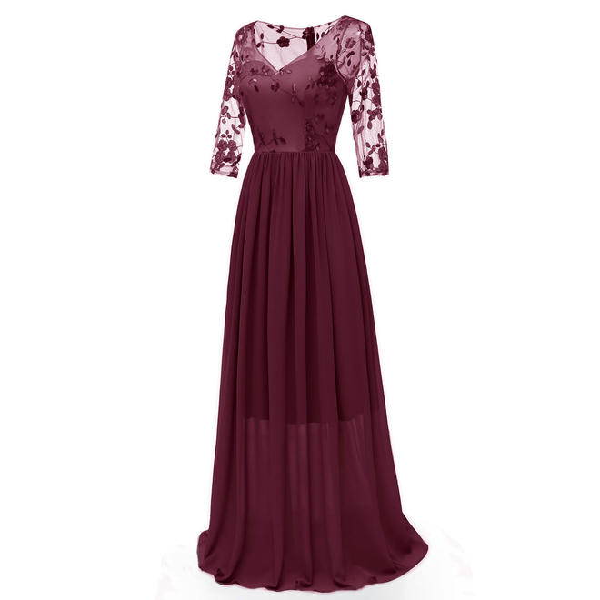Women V-Neck Sheer Sleeves Lace Bust Long Dress