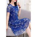 Women Thin Short Sleeve Floral Pattern Wonderful Mid Length Breathable Mesh Summer Dress