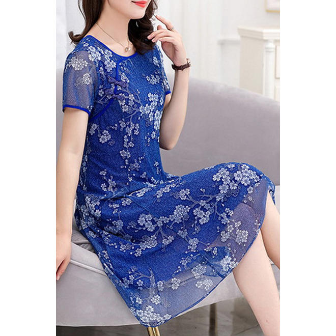 Women Thin Short Sleeve Floral Pattern Wonderful Mid Length Breathable Mesh Summer Dress