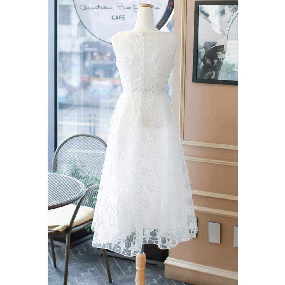 Women Sleeveless Star Design Lace Party Dress White