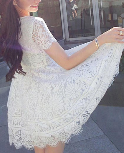 Women White Lace Up Short Sleeve Going Out Dress