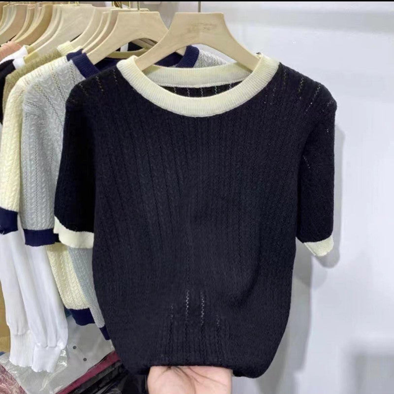 New Summer Color-Blocked Soft Knit Short-Sleeve Sweater for Women