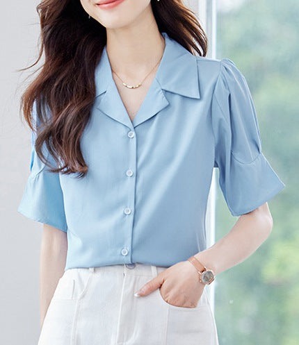 Women's Casual Light Yellow Short Sleeve Shirt - Lightweight Design