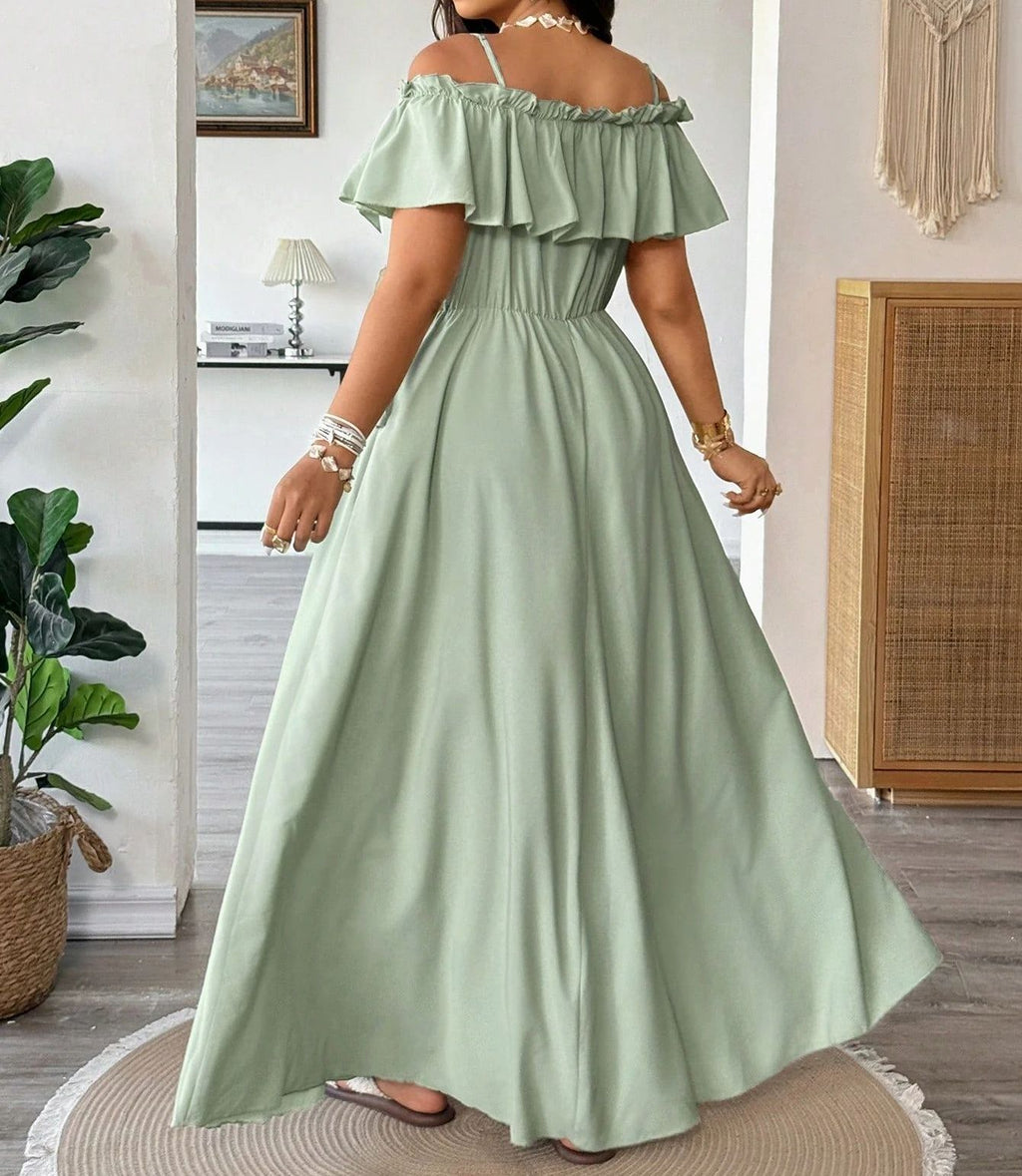 Women’s Plus-Size Summer Camisole Dress – Loose Fit Off-Shoulder Ruffled Maxi Dress