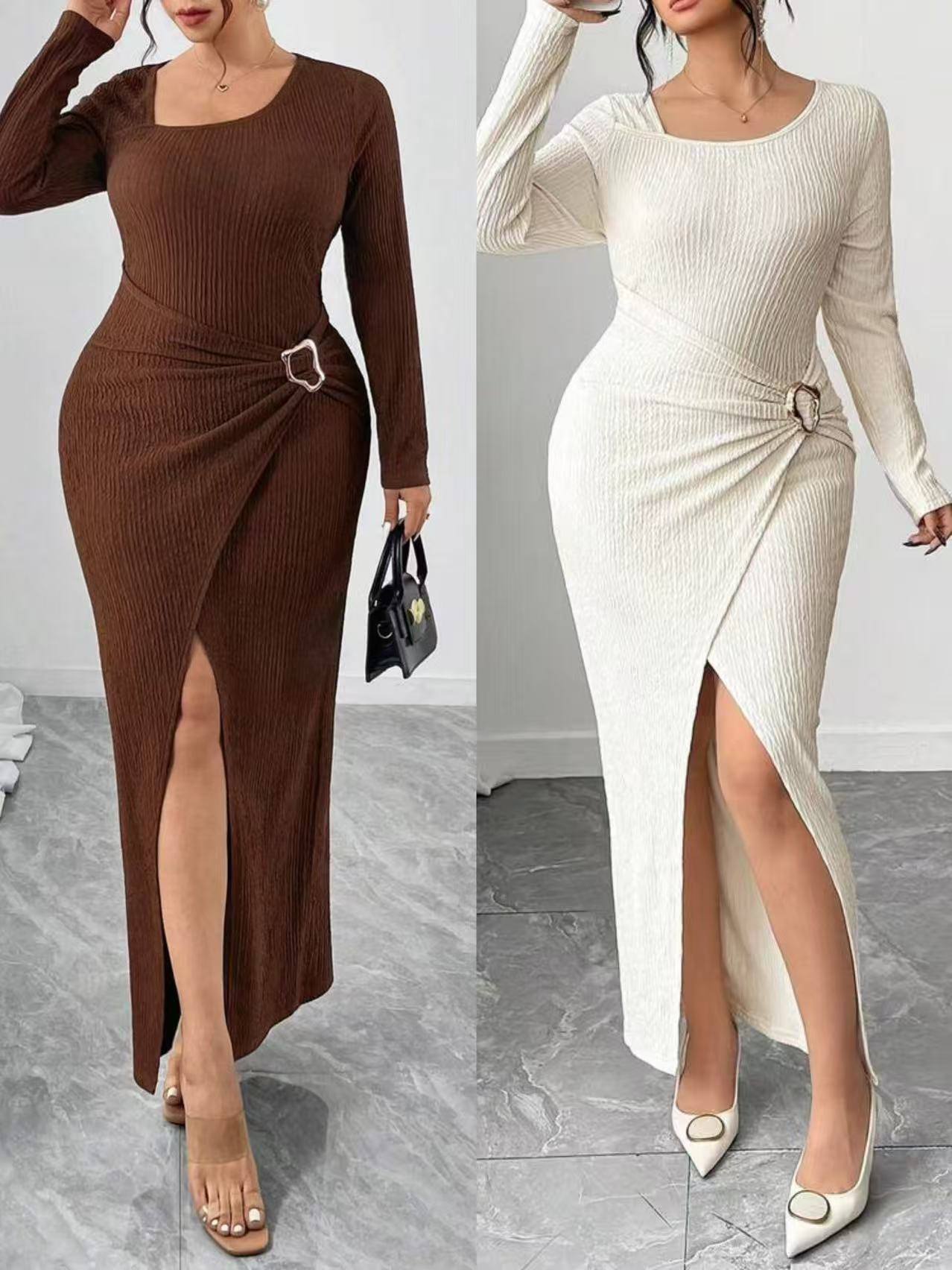 Women's Solid Color Long Sleeve Midi Dress with Waist Tie, Irregular Hem and Side Slit
