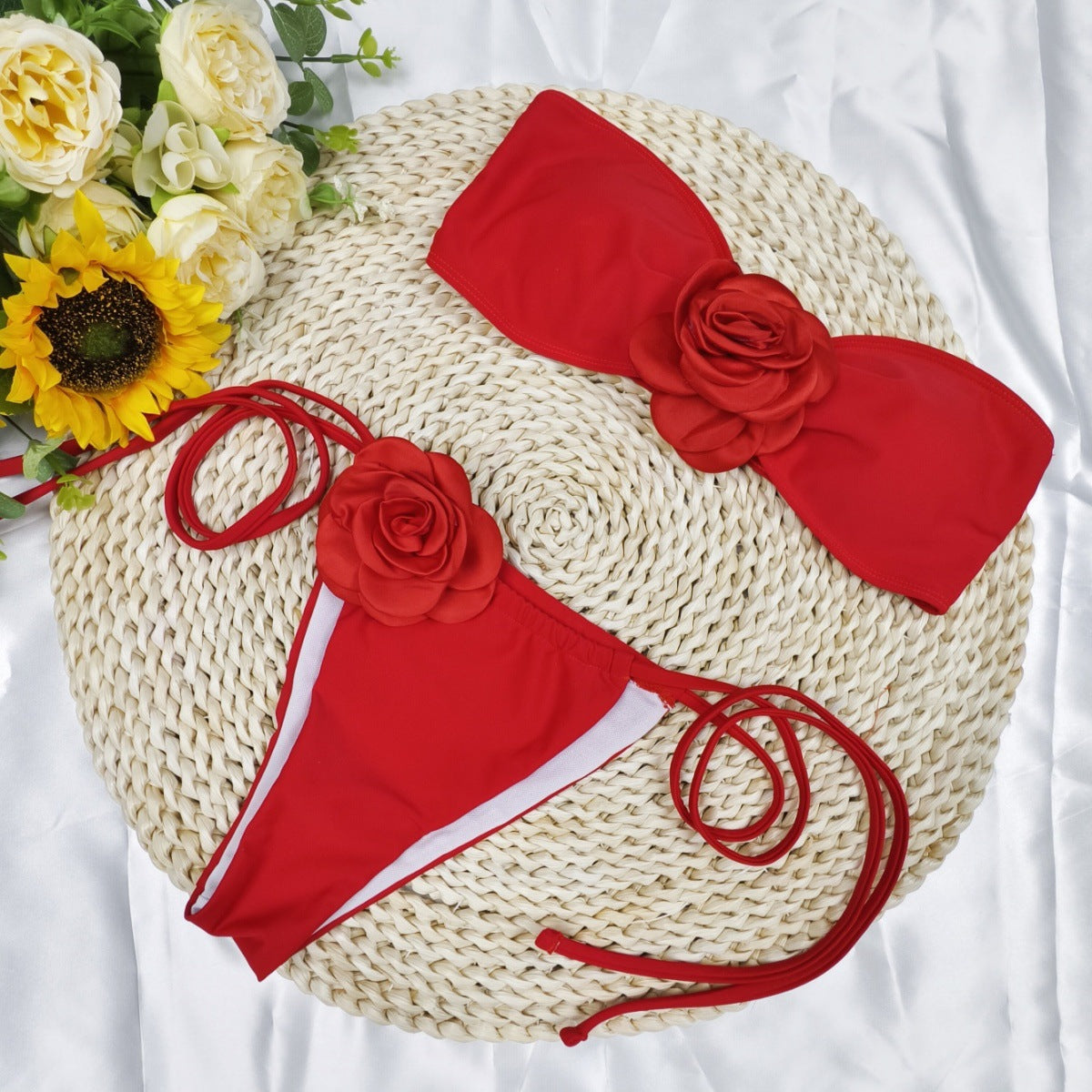Solid Color Flower Tube Top Drawstring Strap Split Bikini Swimsuit - Trendy Summer Swimwear
