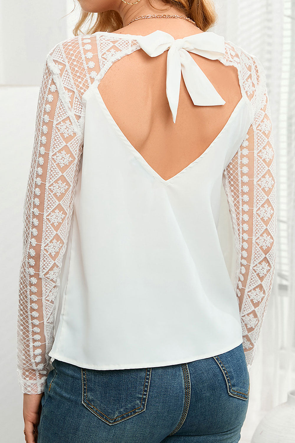 Women Round Neck Long Sleeves Spring And Autumn Lace Stitching Printed Blouse