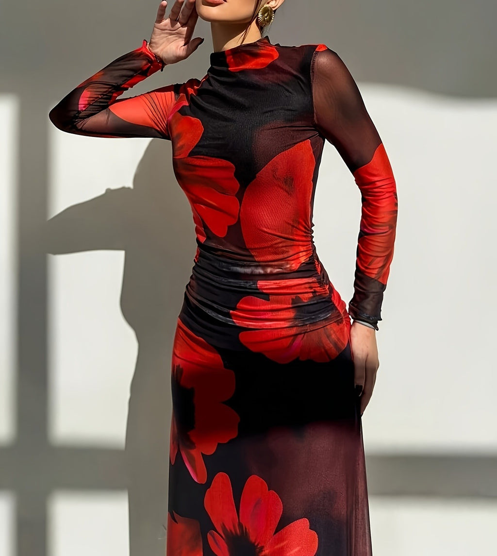 Women's Autumn Floral Print Mesh Panel Long Sleeve Slim Fit Elegant Midi Dress