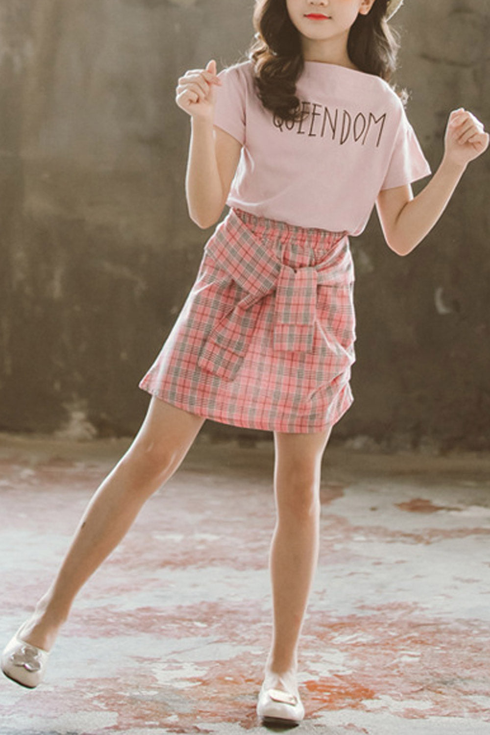 Kids Girls Cute Letter Printed Plaid Skirt Two Piece Summer Casual Outfit Set