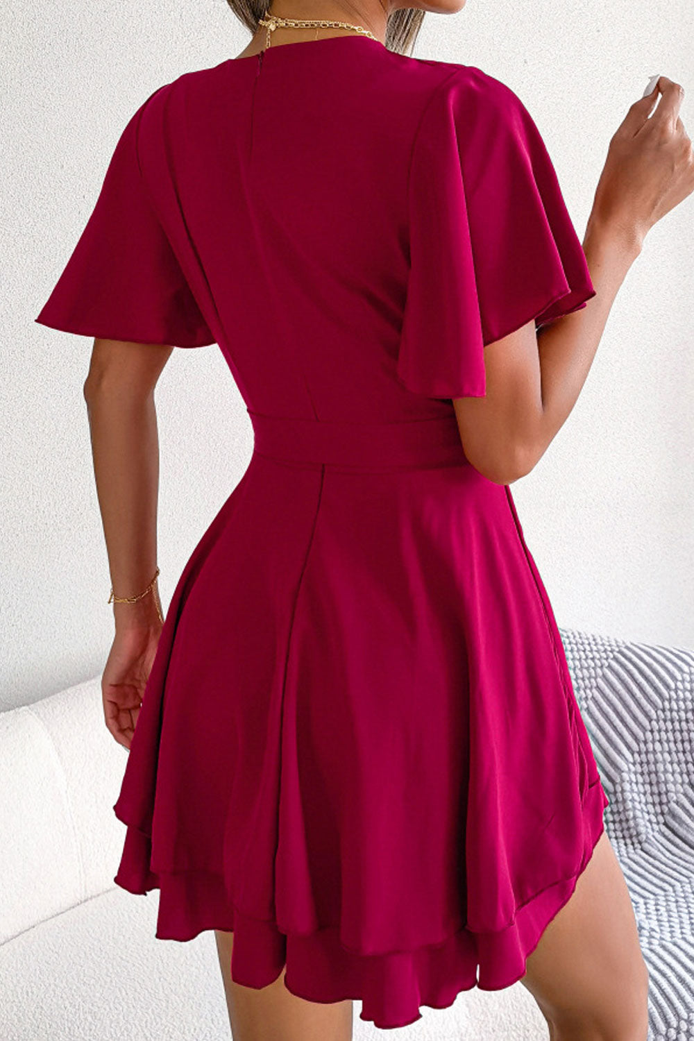 Women Leaf Sleeves Cross V-Neck Summer Dress