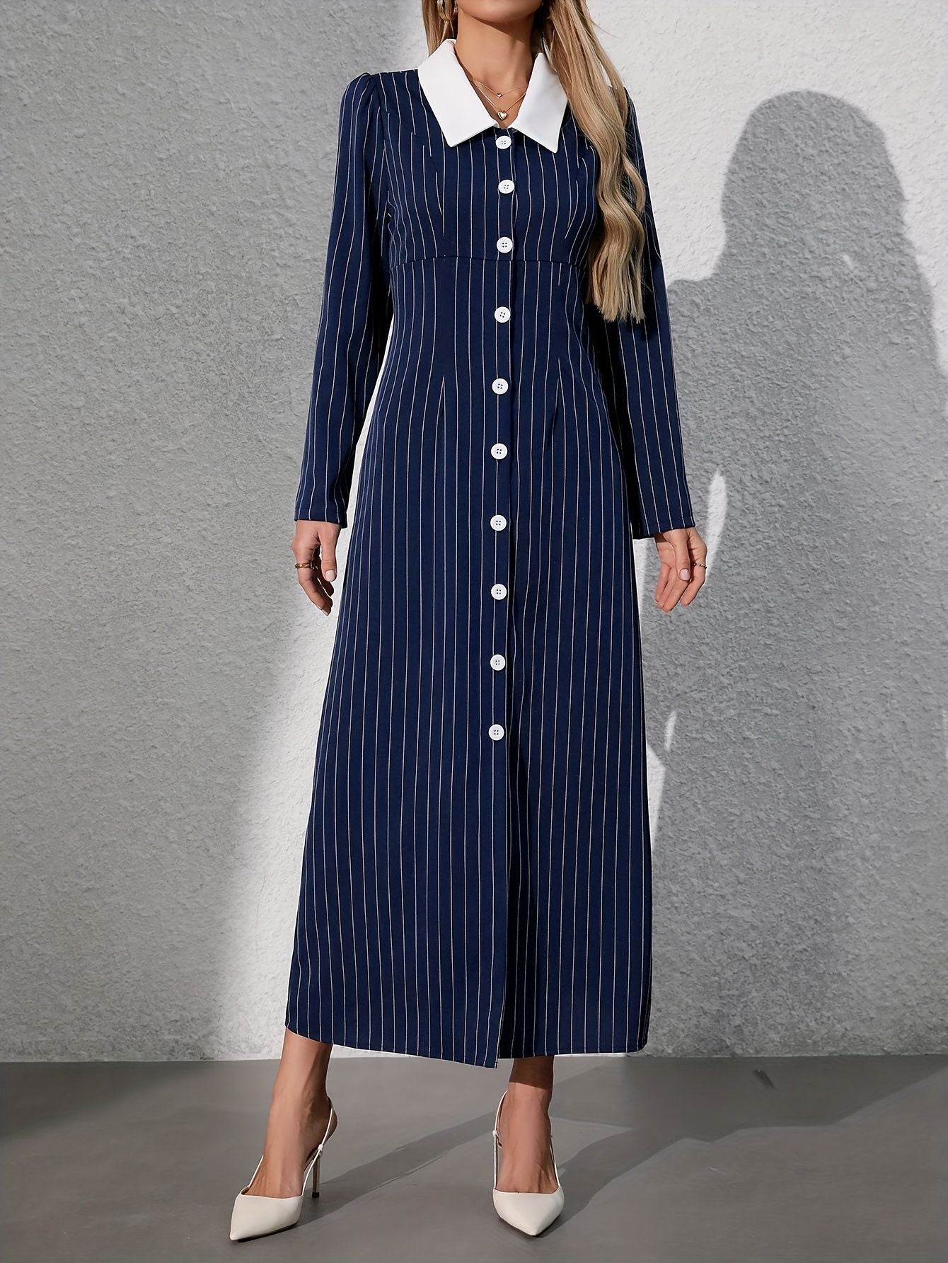 Women's Striped Turn-Down Collar Long Shirt Dress with Side Slit, Button-Front Casual Maxi Dress