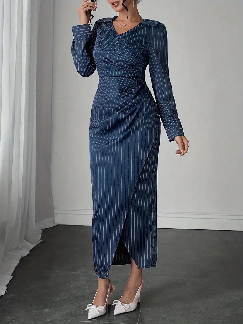 Women's Elegant Striped Irregular Hem Long Dress with Waist-Defining Fit and Long Skirt