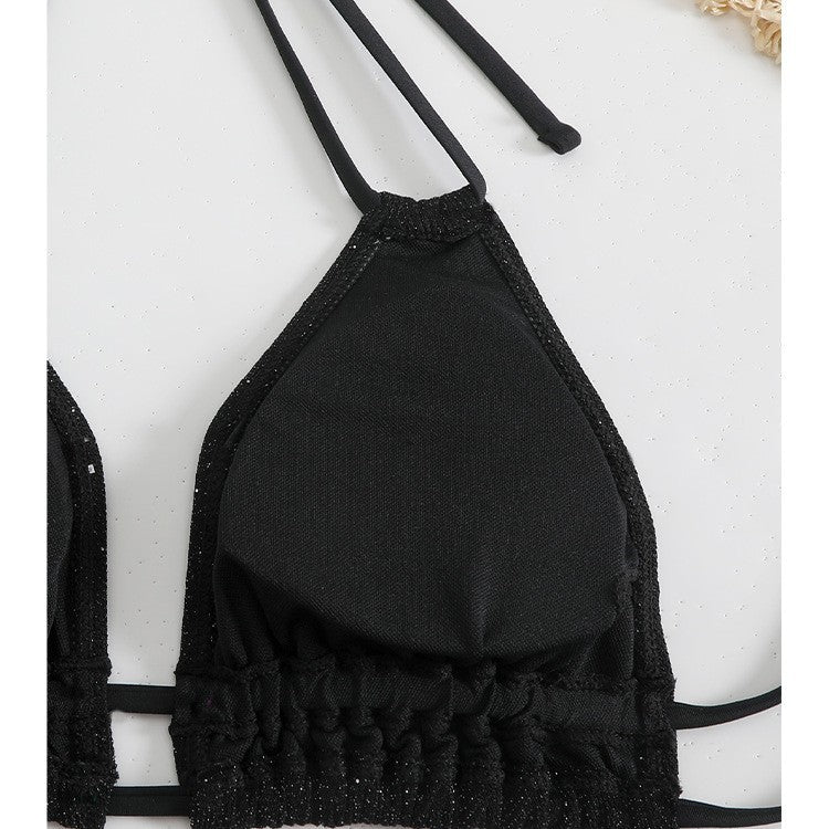 New Solid Color Drawstring Halter Neck Bikini High-Waisted Two-Piece Swimsuit