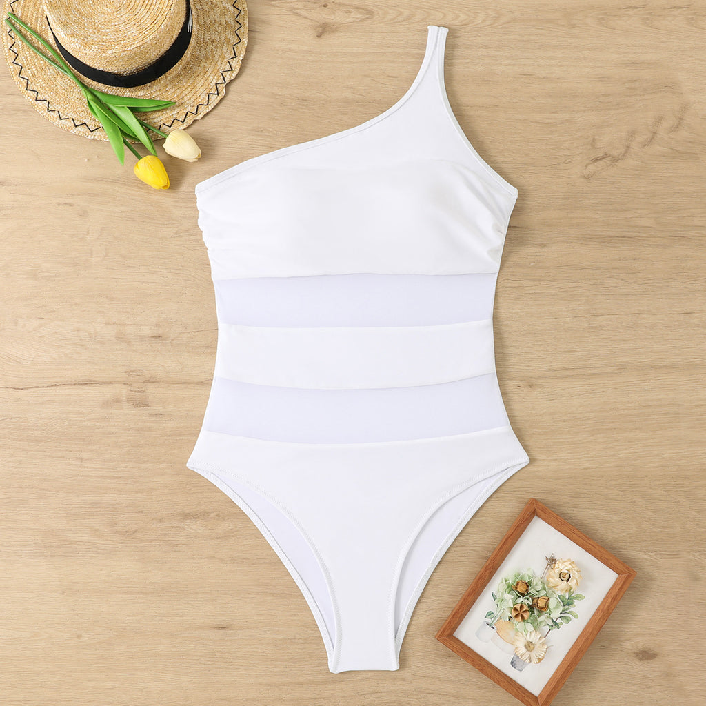 One-Piece Solid Color Single-Shoulder Mesh Stitching Beach Spring Women's Swimsuit Bikini