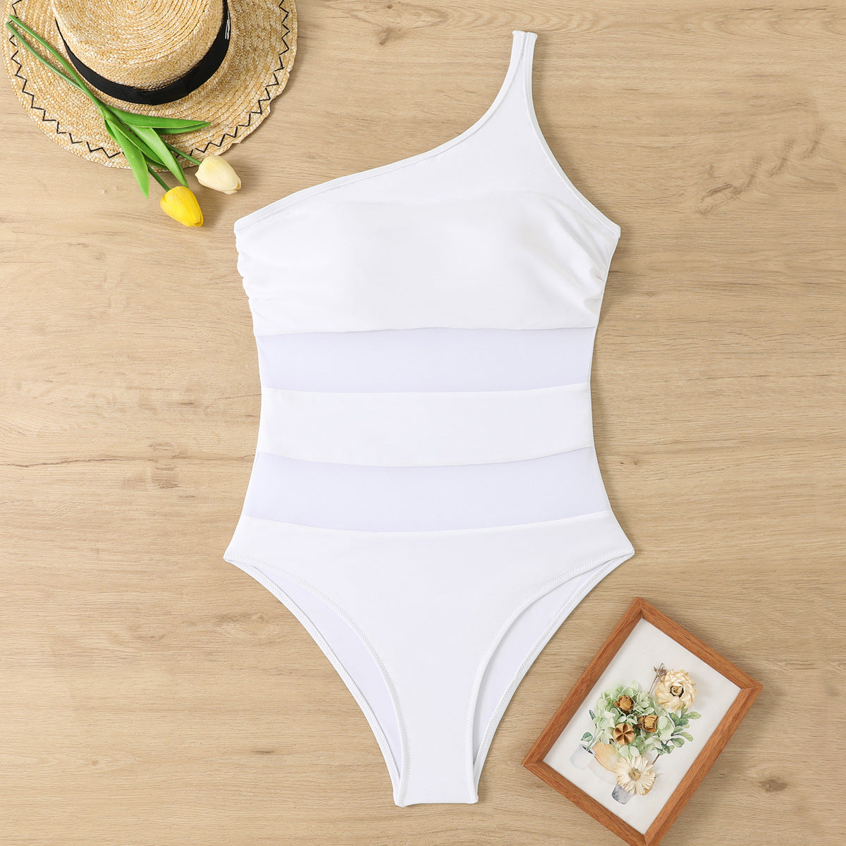 One-Piece Solid Color Single-Shoulder Mesh Stitching Beach Spring Women's Swimsuit Bikini