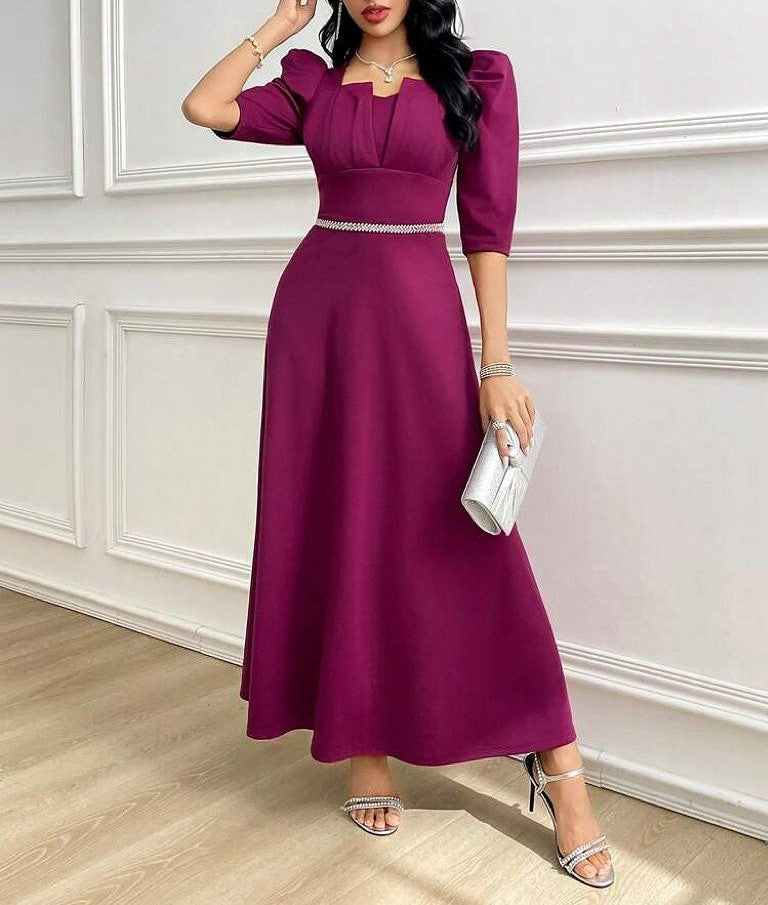 Women's Elegant Long Pleated Dress with Short Sleeves, Defined Waist Design, Flowy Maxi Dress for Casual, Party and Special Occa