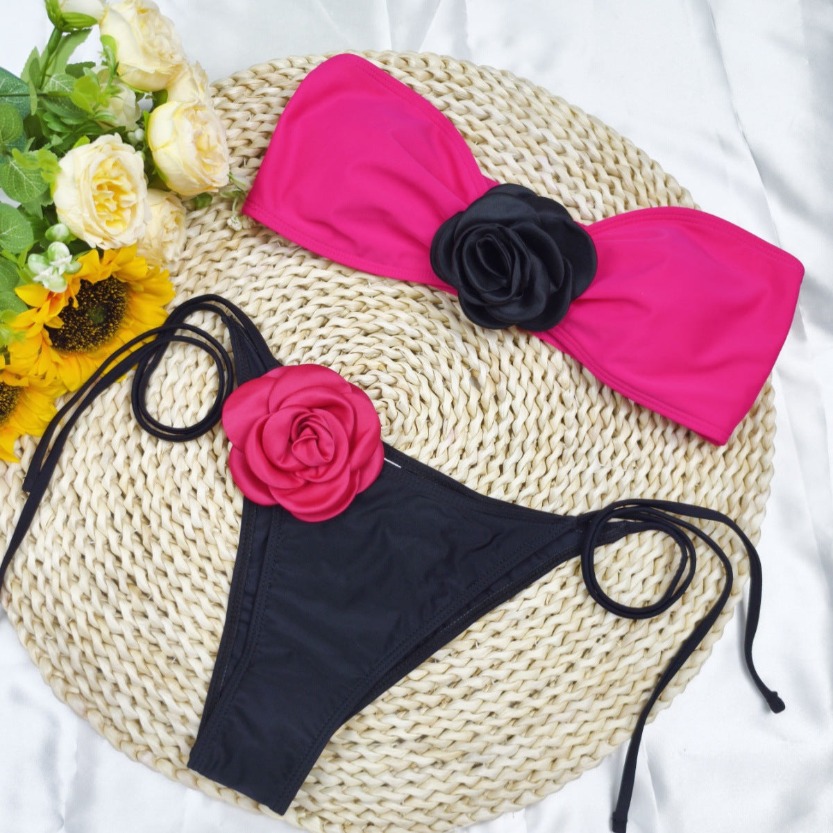 3D Floral Strapless Two-Piece Bikini Swimsuit