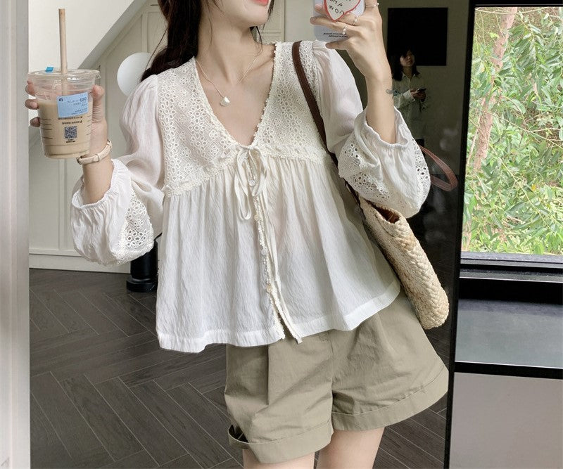 Women's V-Neck Lace Hollow-Out Tie-Up Puff Sleeve Babydoll Sun Protection Shirt
