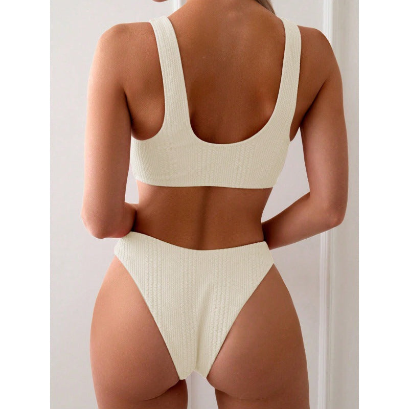 New Solid Color Hollowed-out Amazon Bikini Double Shoulder Strap Two-Piece Swimsuit for Women
