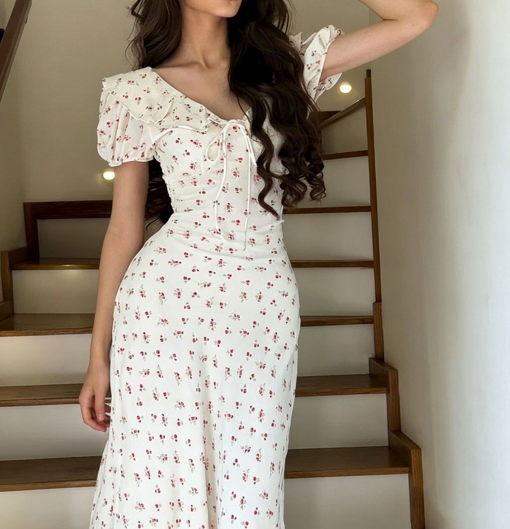 Women's French Peter Pan Collar Summer Dress with Short Sleeves, Elegant Casual A-Line Midi Dress
