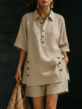 Women’s Short-Sleeved Button-Down Shirt and Loose Pants Solid Color Two-Piece Set