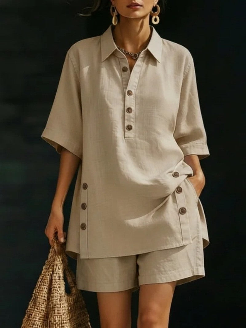 Women’s Short-Sleeved Button-Down Shirt and Loose Pants Solid Color Two-Piece Set
