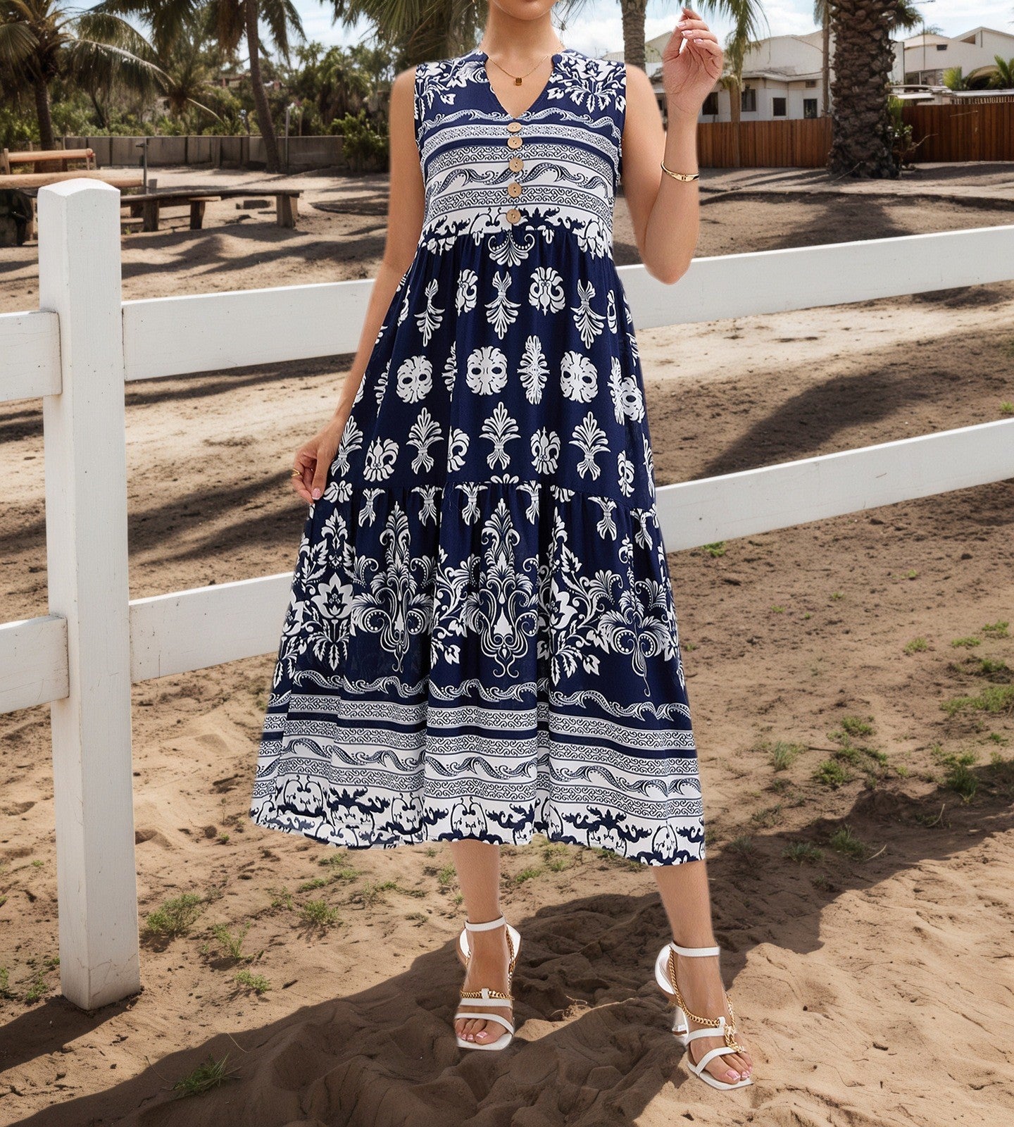 Women's Rayon Printed Bohemian Resort Style V-Neck Sleeveless Casual Maxi Dress