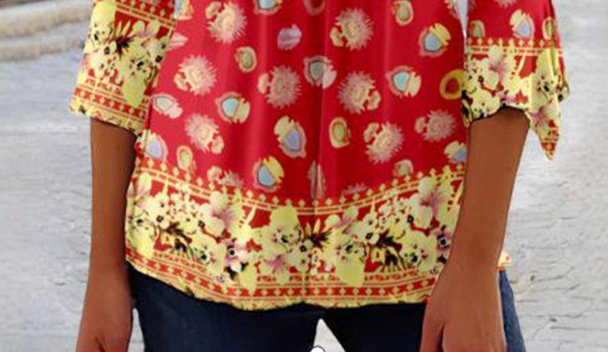 Summer New Fashion Button V-Neck Three-Quarter Sleeve Printed Shirt Top for Women
