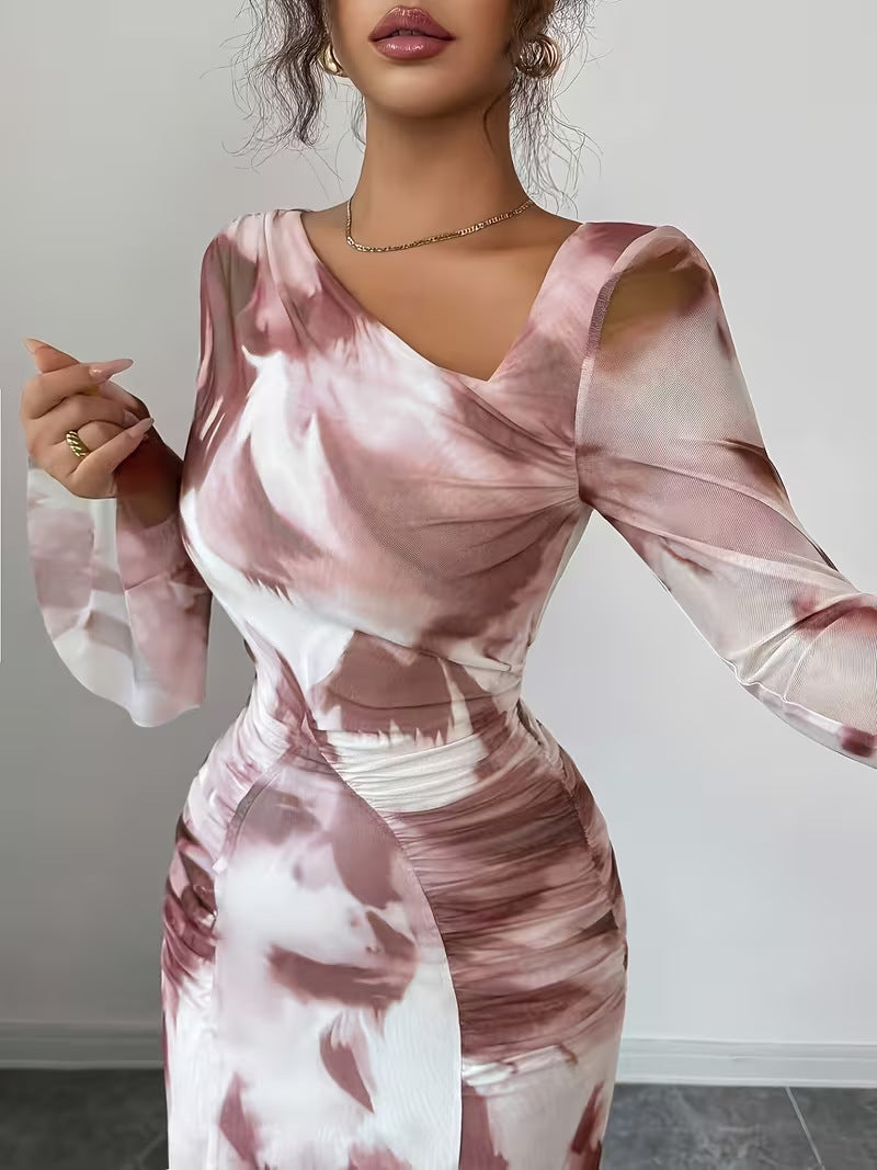 Women's Tie-Dye Printed Pleated Bell Sleeve Maxi Dress with Elegant Long Flowing Skirt