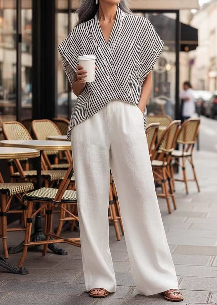 Women's Summer Casual Wide-Leg Pants Two-Piece Set – Short Sleeve Relaxed Outfit