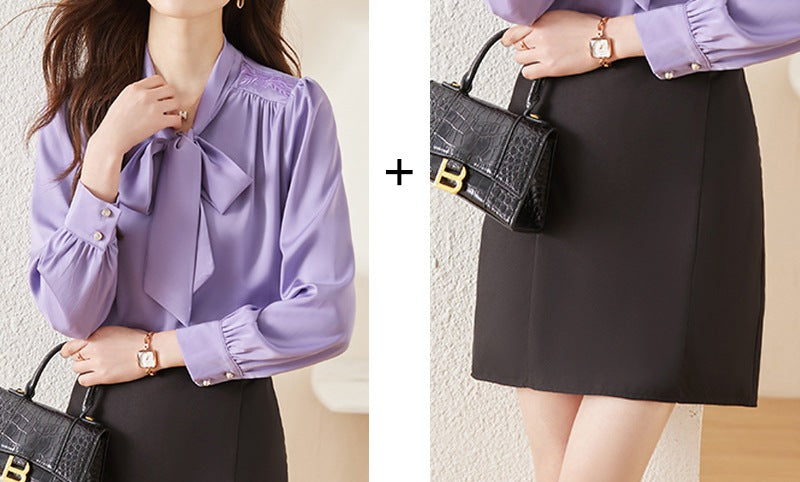 Women's Long Sleeve Bow Ribbon Elegant Professional Shirt