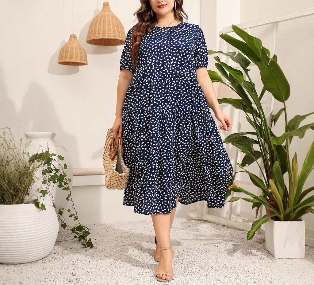 Women's Plus Size Irregular Polka Dot Short Sleeve Maxi Dress, Loose Fit Round Neck Casual Long Swing Dress