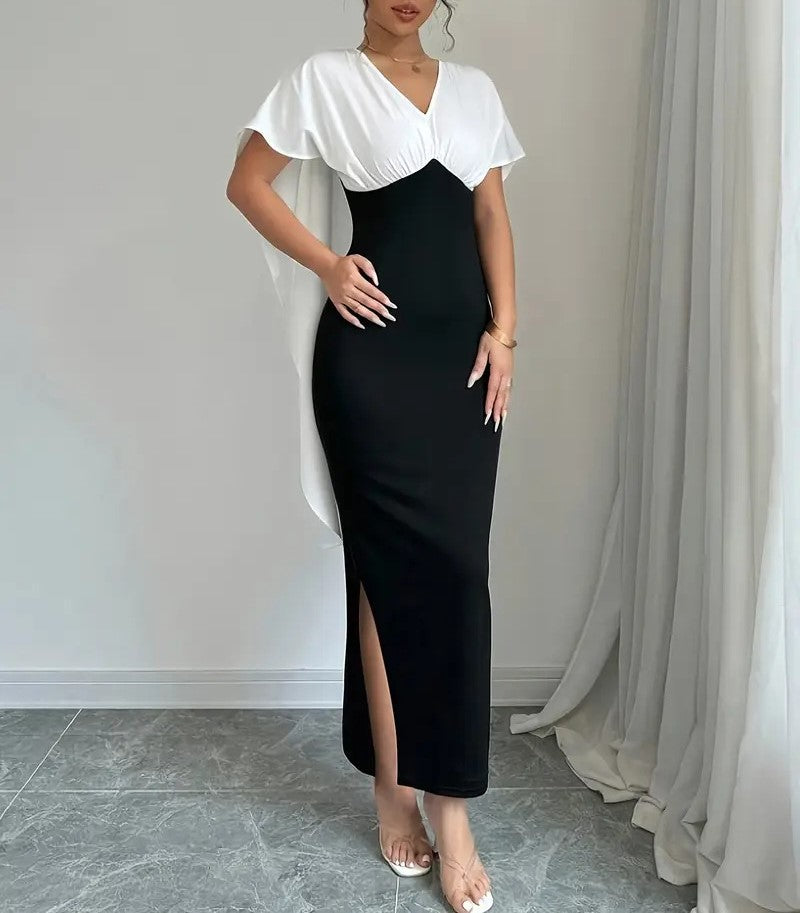 Style Girl Slim Fit Hip Slit Black and White Contrast Cape Dress for Women Elegant Midi Party Dress