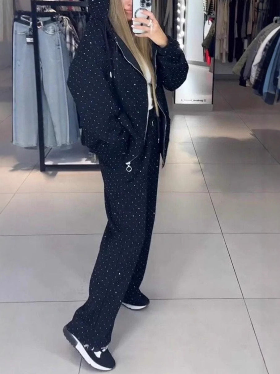Women's Autumn & Winter Zip-Up Hooded Sweatshirt & Rhinestone Wide-Leg Pants Two-Piece Lounge Set
