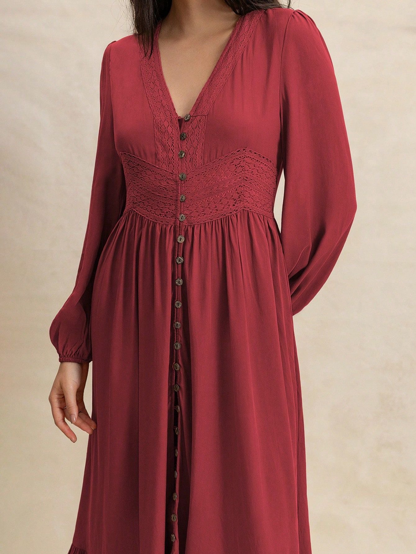 Women's Solid Color Long Sleeve V-Neck Button Front Lace Patchwork Waist-Defined Split Midi Dress
