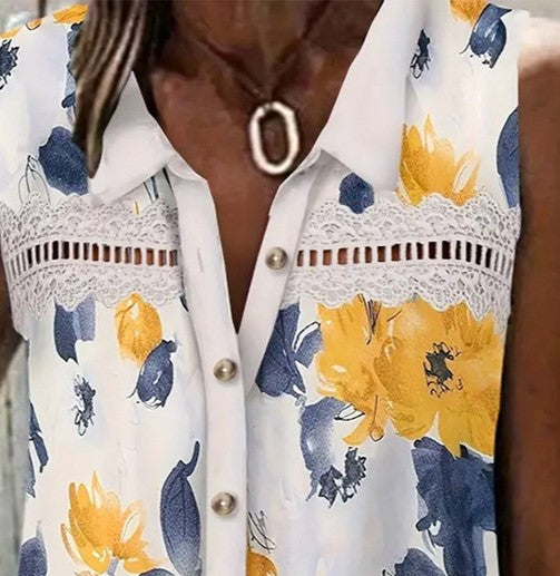 Summer Printed Cut-Out Sleeveless Lapel Button Shirt Top for Women Casual Lightweight Blouse