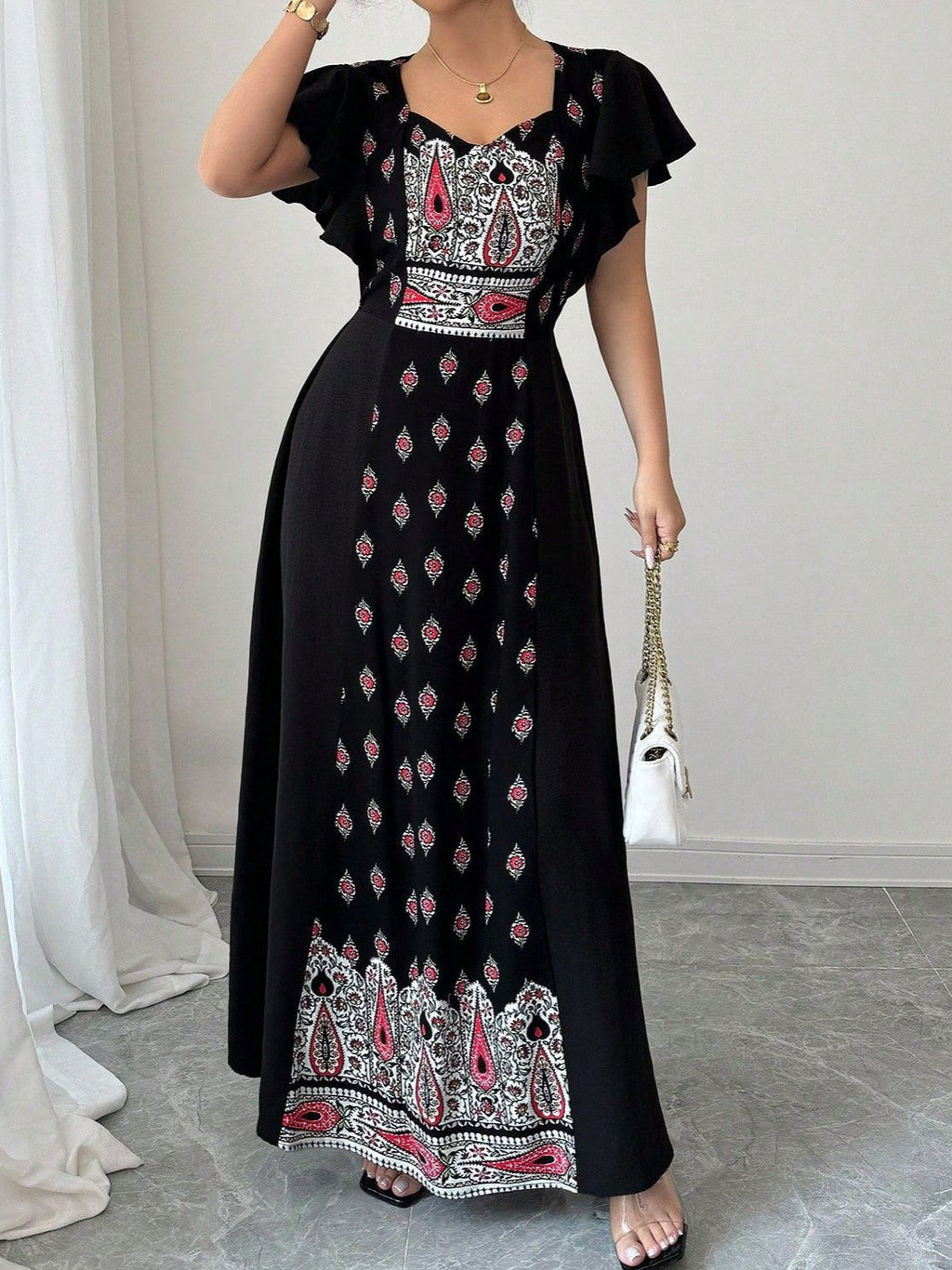 Women's Ethnic Print Maxi Dress – Elegant Waist-Defining Long Dress with Relaxed Fit and Short Sleeves