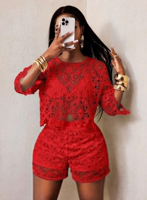 Women's Solid Color Cut-Out Lace Detail Two-Piece Suit Set