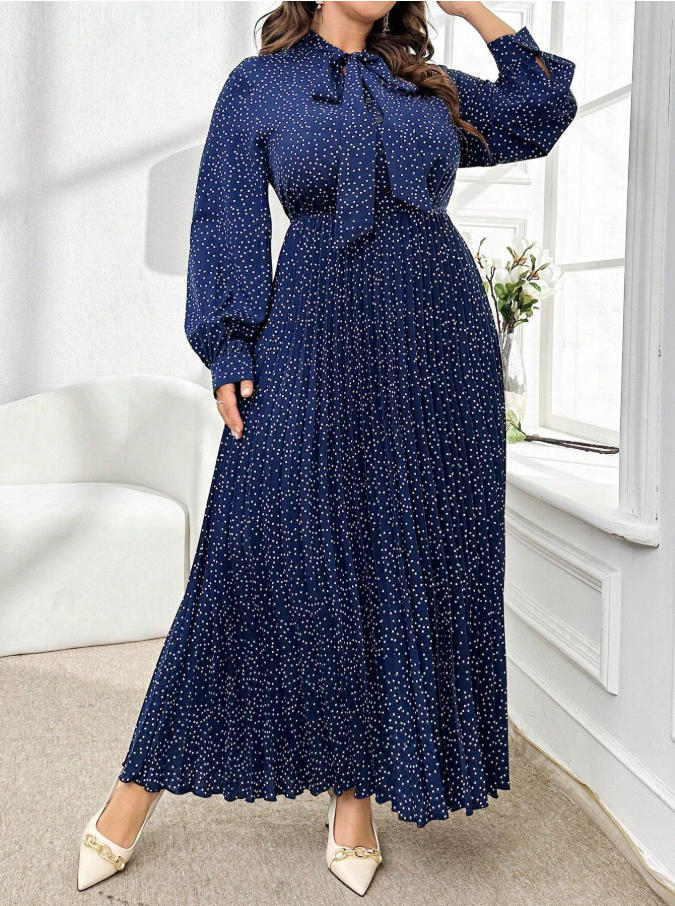 Women's Elegant Pleated Polka Dot Tie-Up Long Dress – Waist-Cinching Maxi Dress with Long Sleeves